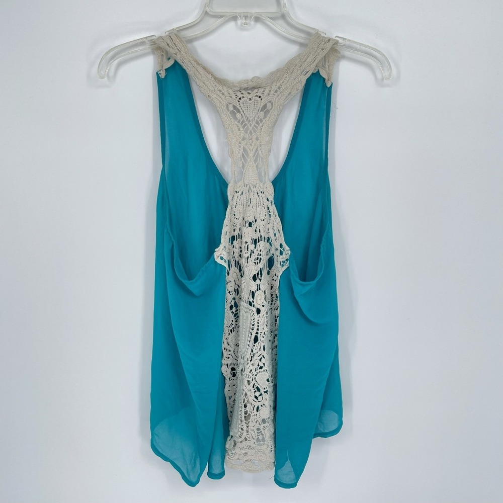 Dots Women's Blue Sheer Crochet Racerback Button Front Boho Tank Top Size XL - Picture 2 of 4